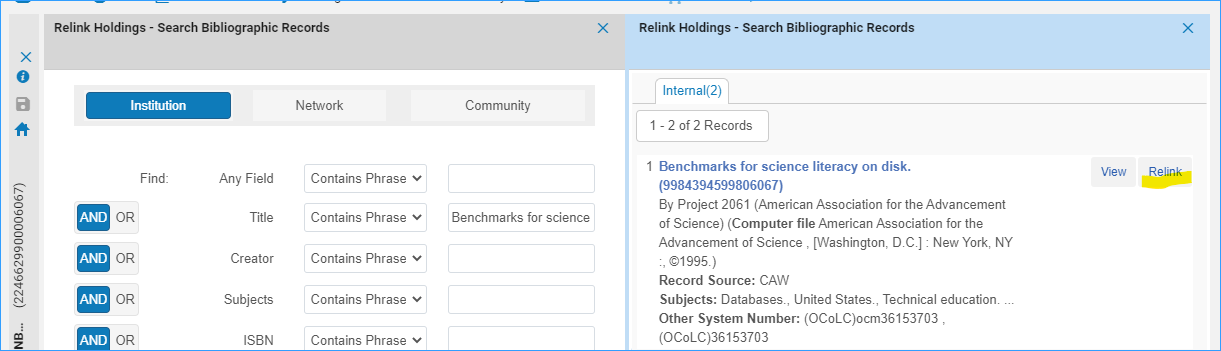 Find the correct record and click relink