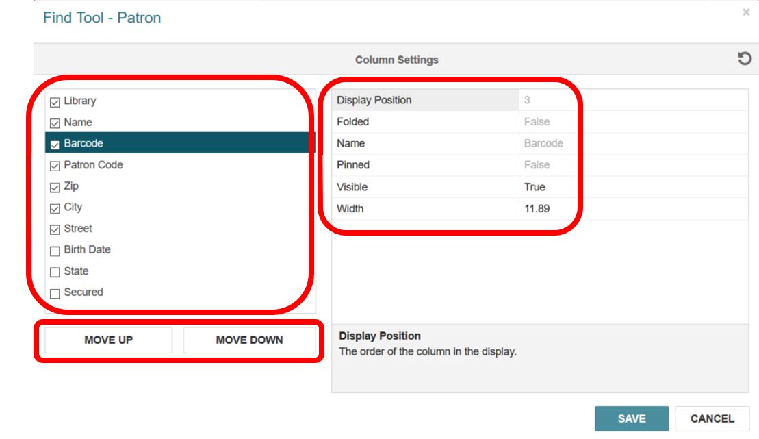 Find tool column options