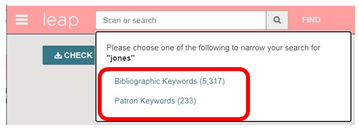 Leap search bib or patron record type options