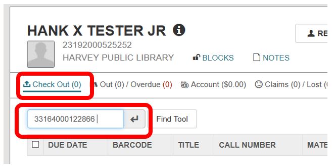 Patron record with check out tab highlighted