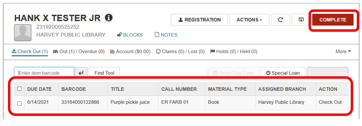 Patron record with completed check out highlighted