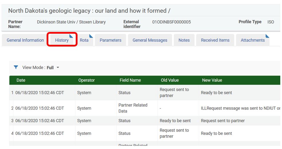 Alma ILL - borrowing request history tab