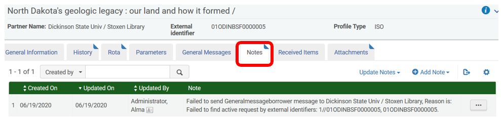 Alma ILL - borrowing request notes tab
