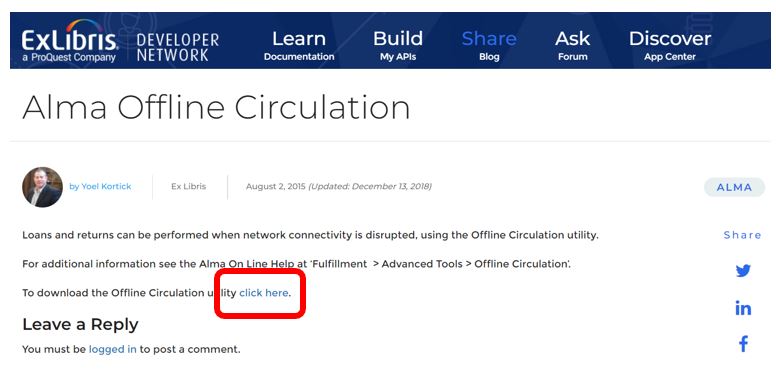 Alma Offline Circulation download page