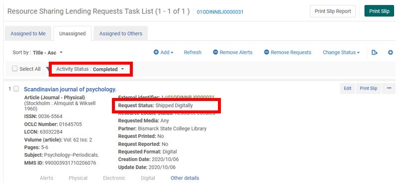 Alma digital request - lending activity is completed