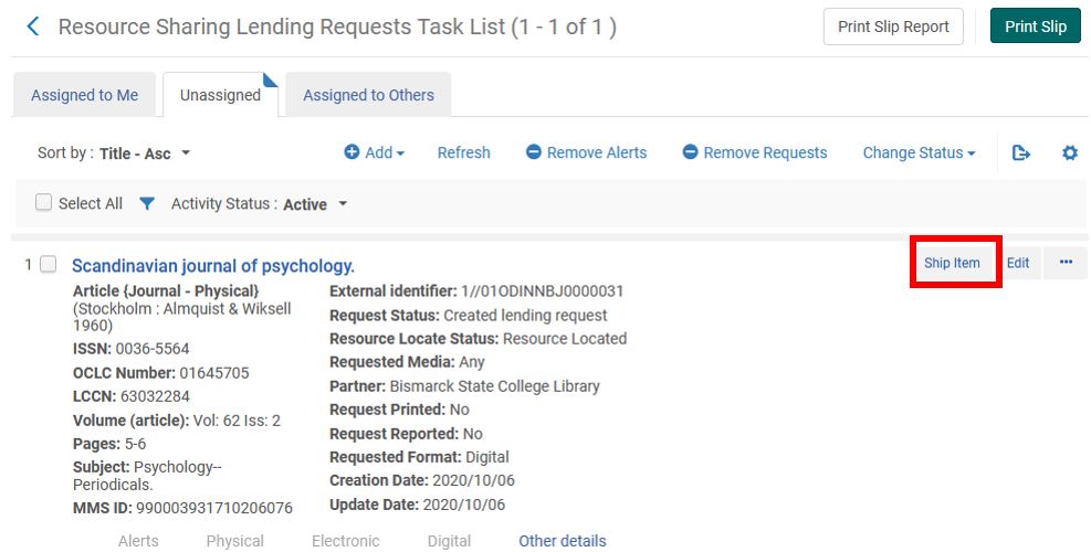 Alma digital request - shipping the lending request