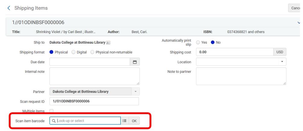 Alma lending - shipping from request workform