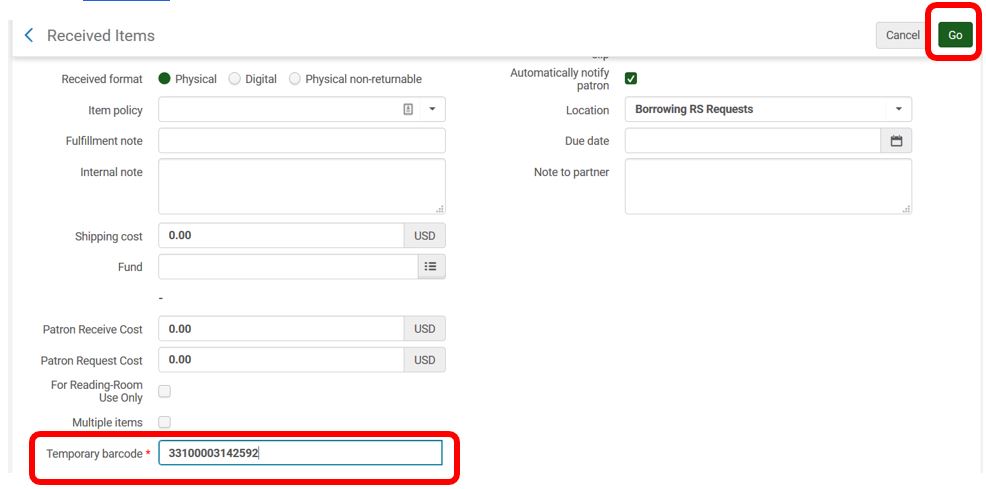 Alma receiving - receiving from request workform