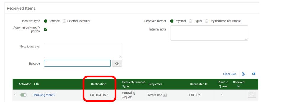 Alma receiving - receiving items workform results