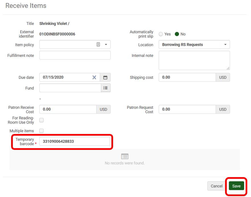 Alma receiving - receiving items workform