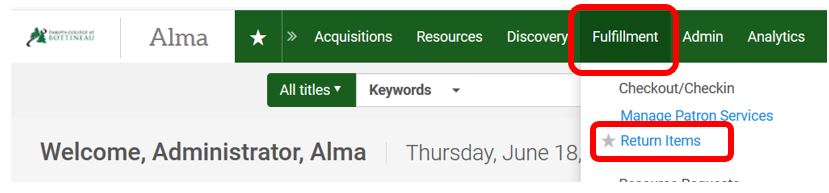 Alma returning - checkin menu