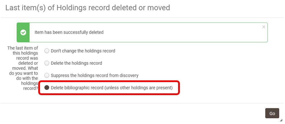 Bibliographic record actions for last attached item being deleted