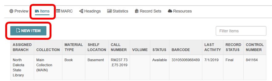 Bib record iems view