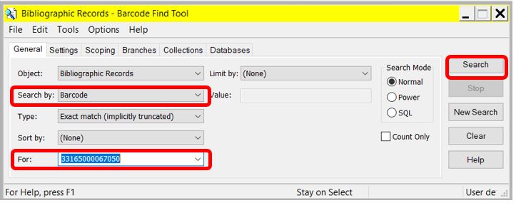 Bib record search screen in client