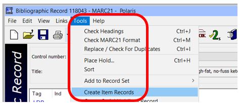 Create item record menu