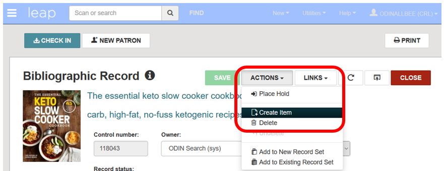 Create items menu