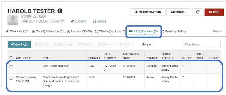 Hold place on patron record