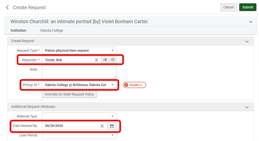 Hold request form in Alma
