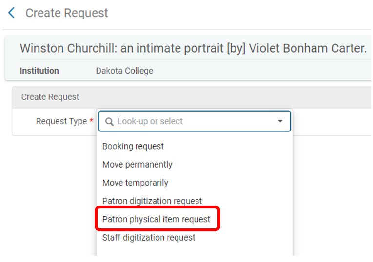 Hold request menu in Alma