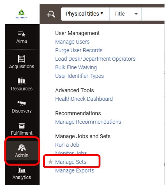 Manage sets menu
