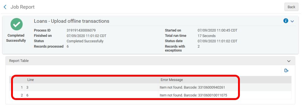 Offline circulation upload results reports