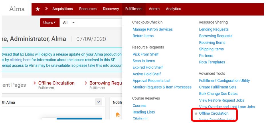 Uploading offline circulation transactions menu