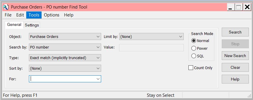 Purchase order search workform