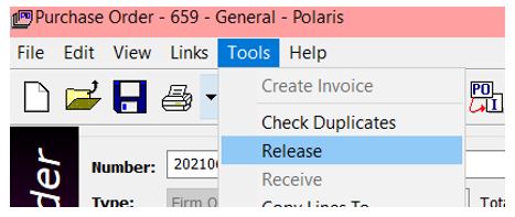 Purchase order release menu