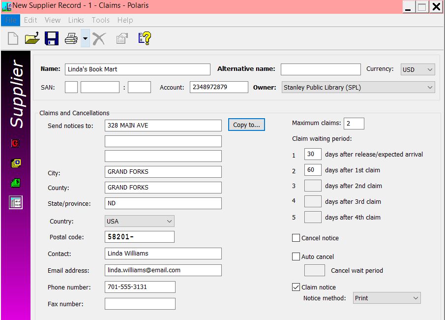 Supplier record - claims and cancellations screen