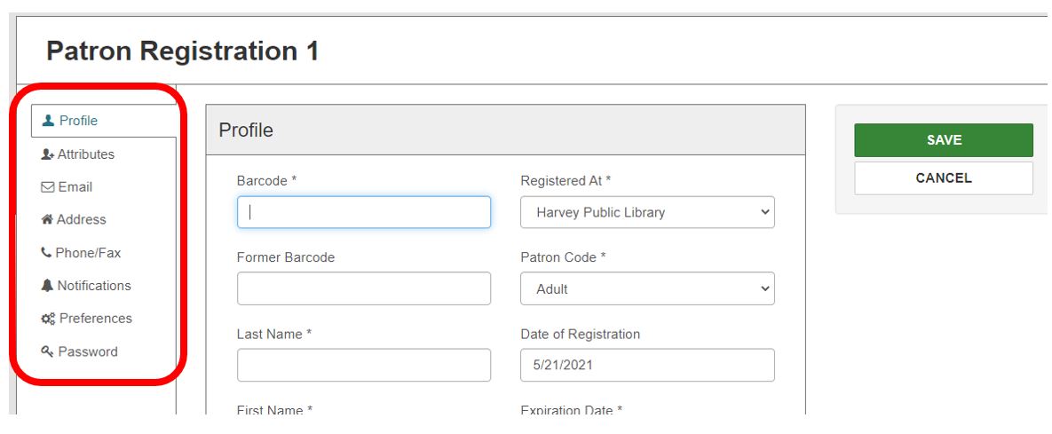 Patron Registration sections