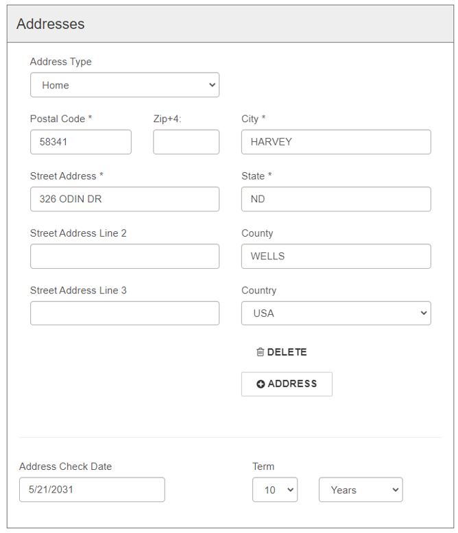 Patron registration workform - address section