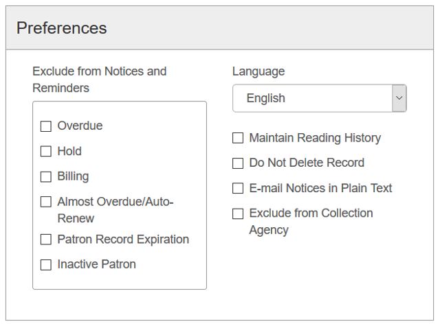 Patron registration workform - preferences section