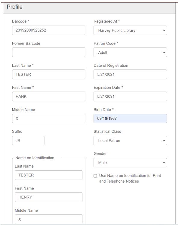 Patron Registration Workform - Profile Section