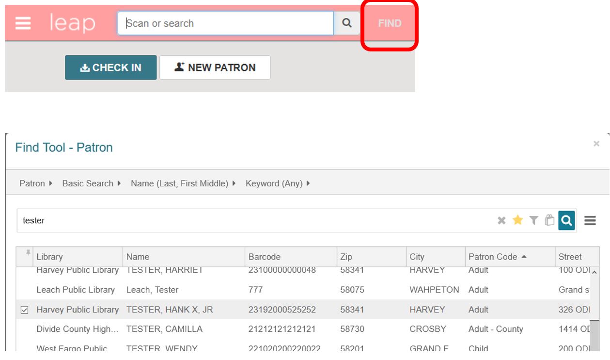 Patron search via find tool