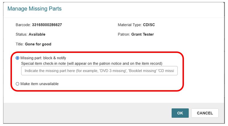 Missing parts results