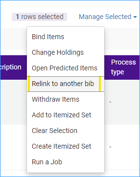 Manage selected relink to another bib