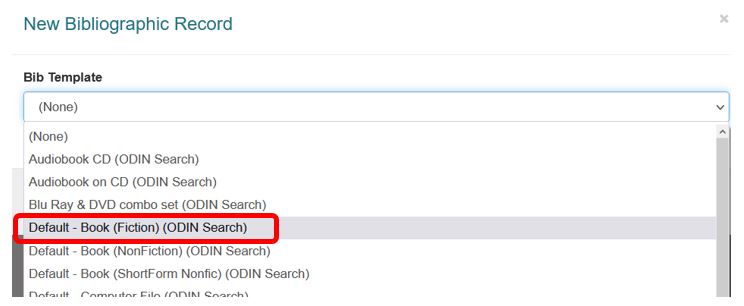 New bib record template drop-down menu