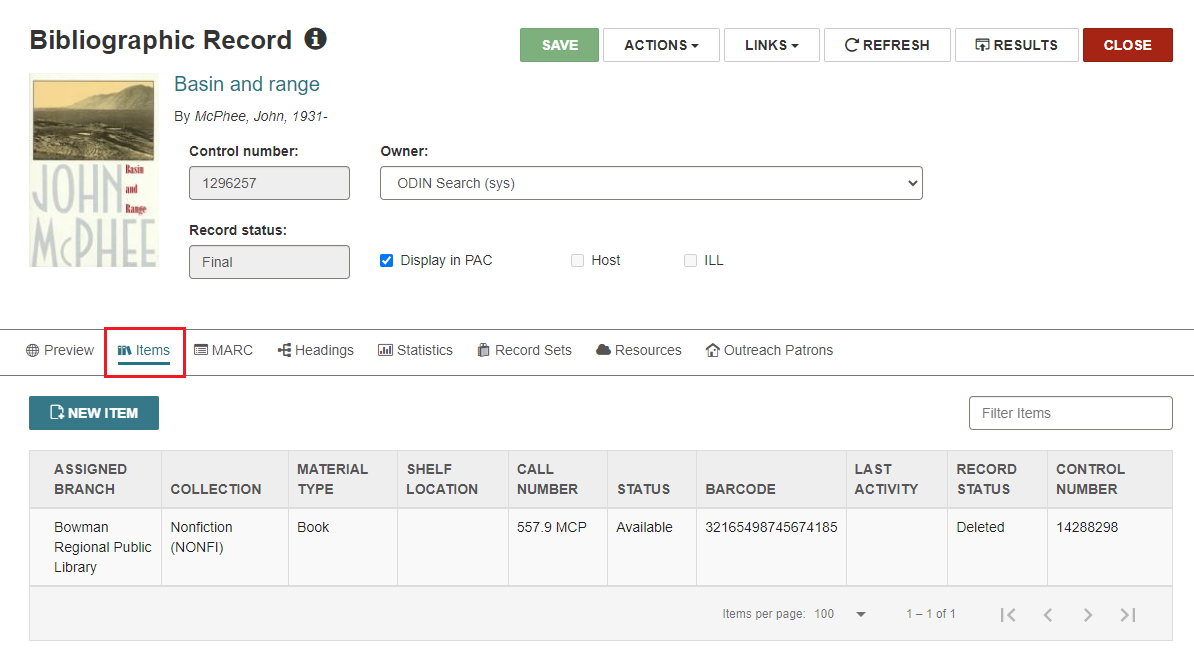 Items on bib record image