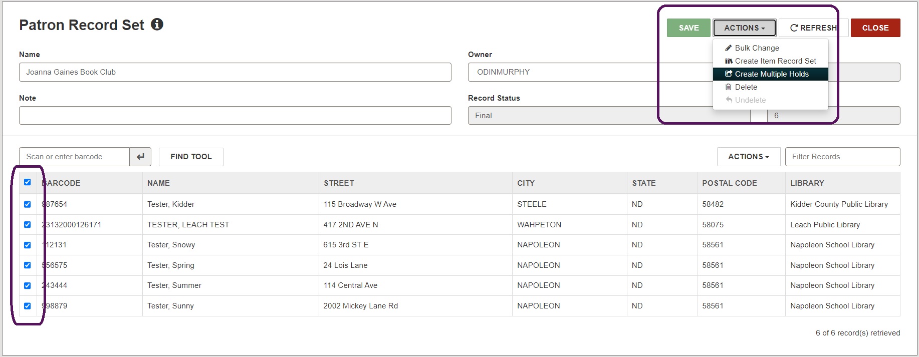 Select and create multiple holds