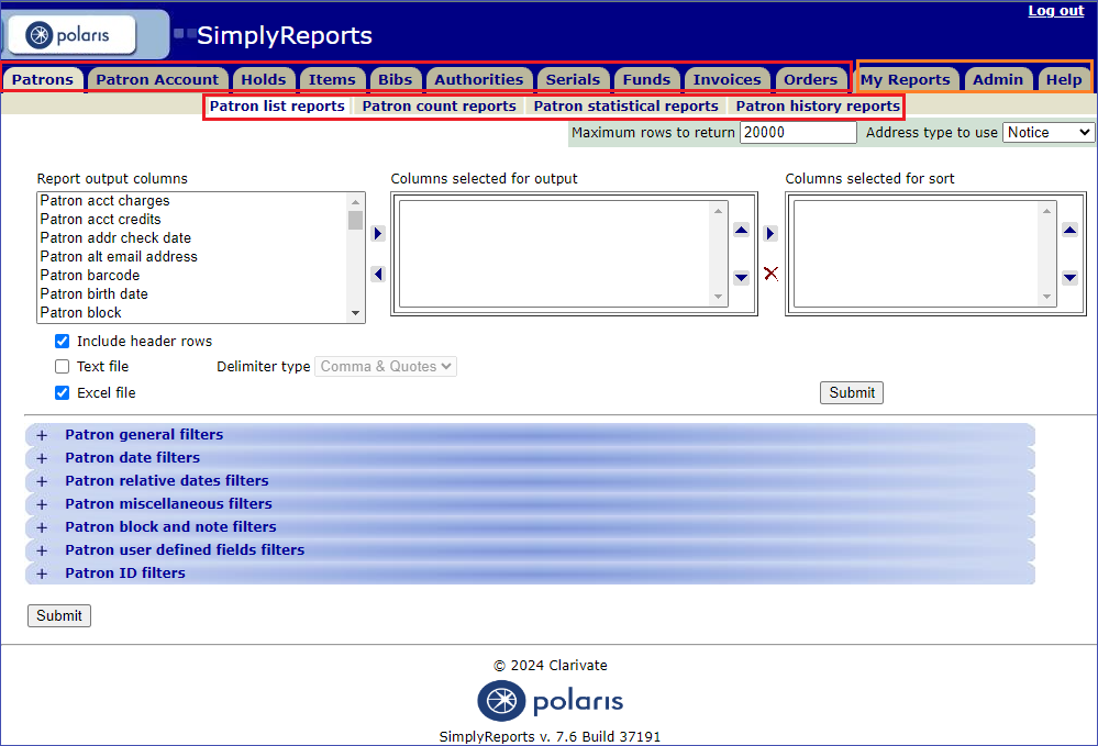 Tabs across the top of the Simply Reports screen image