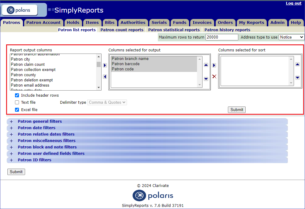 Report output columns image