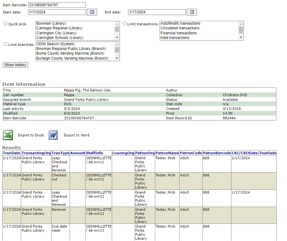 Item history report image