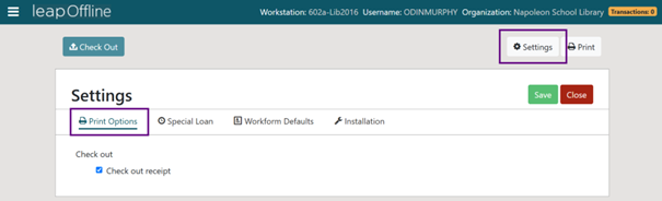 Settings Print Options