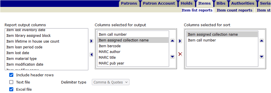 Screenshot of selected columns and sort