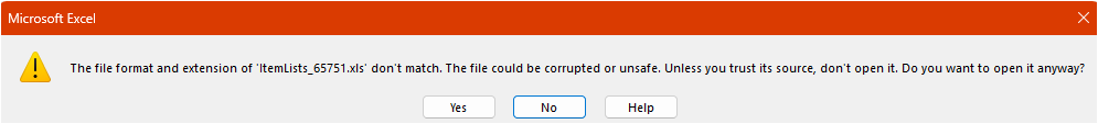 Screenshot of Excel warning