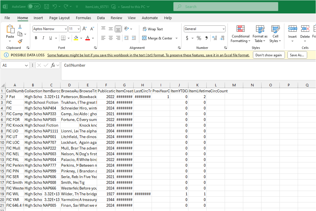 Screenshot of Excel sheet