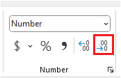 Screenshot of Number area of Excel ribbon