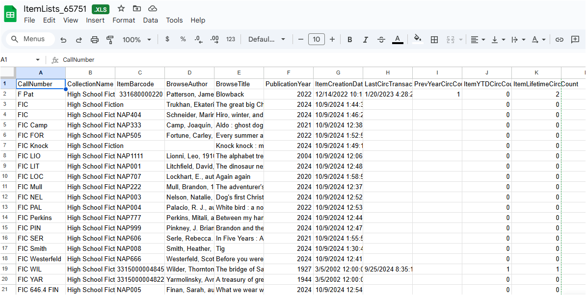 Screenshot of file in Google Sheets