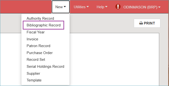 Screenshot new menu select bibliographic record
