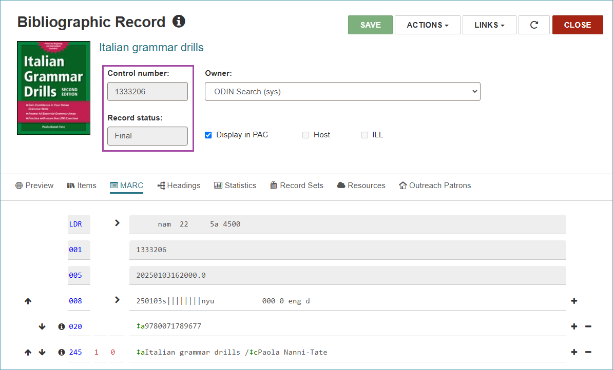 Screenshot of record with status of final